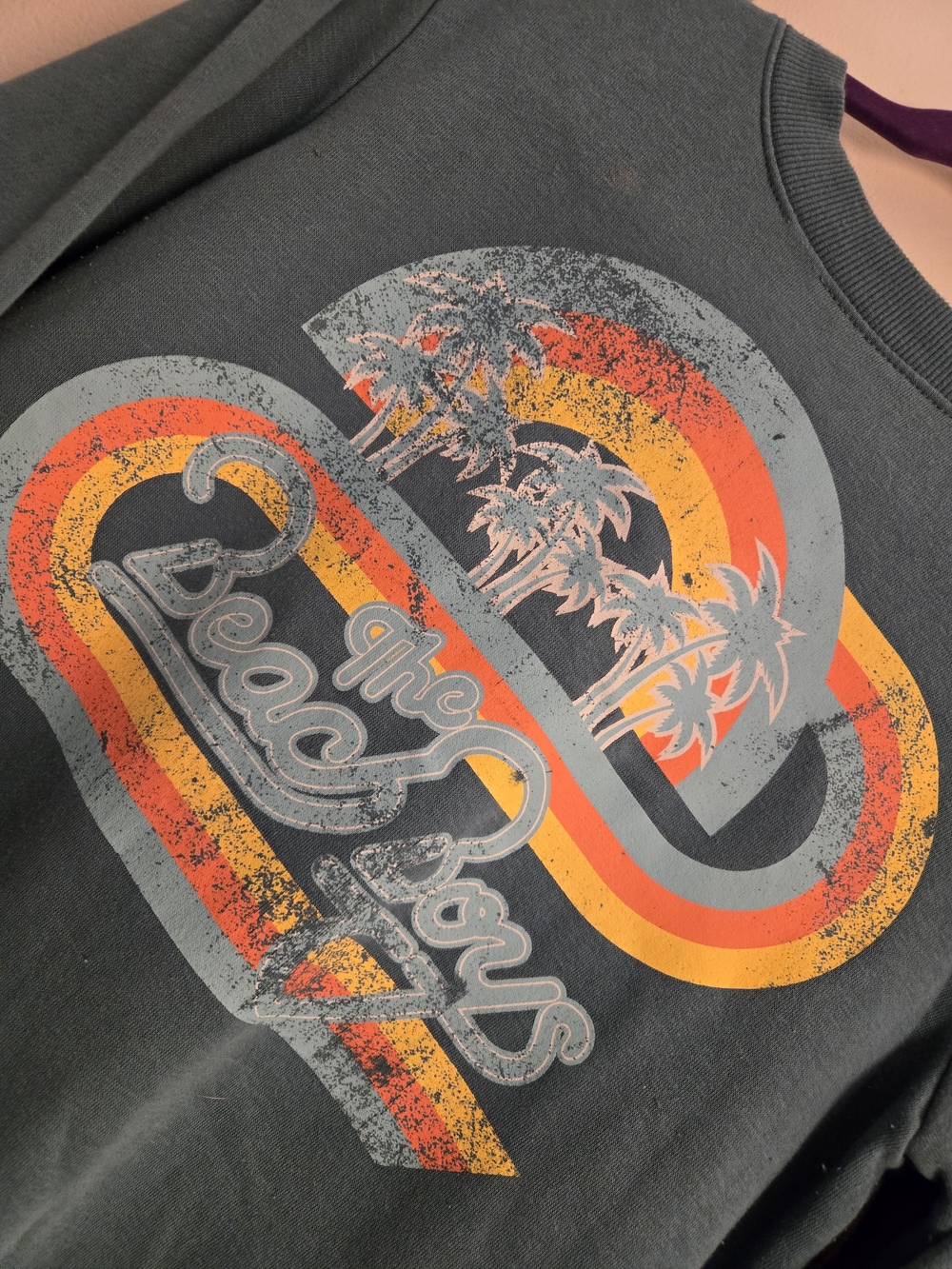 Women's Crewneck Sweatshirt - Dark Gray with Orange & Yellow Retro Beach Graphic
